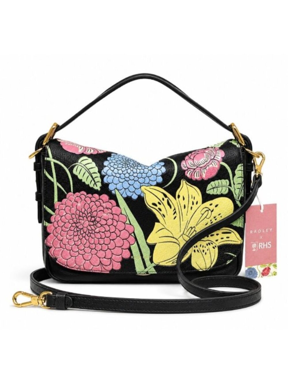Radley London x RHS SS25 Black Leather Floral Flapover Crossbody Bag NWT